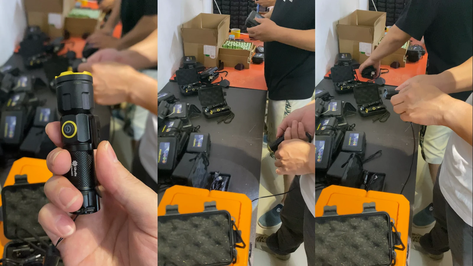 Three real frames showing portable lights being handled during a function check