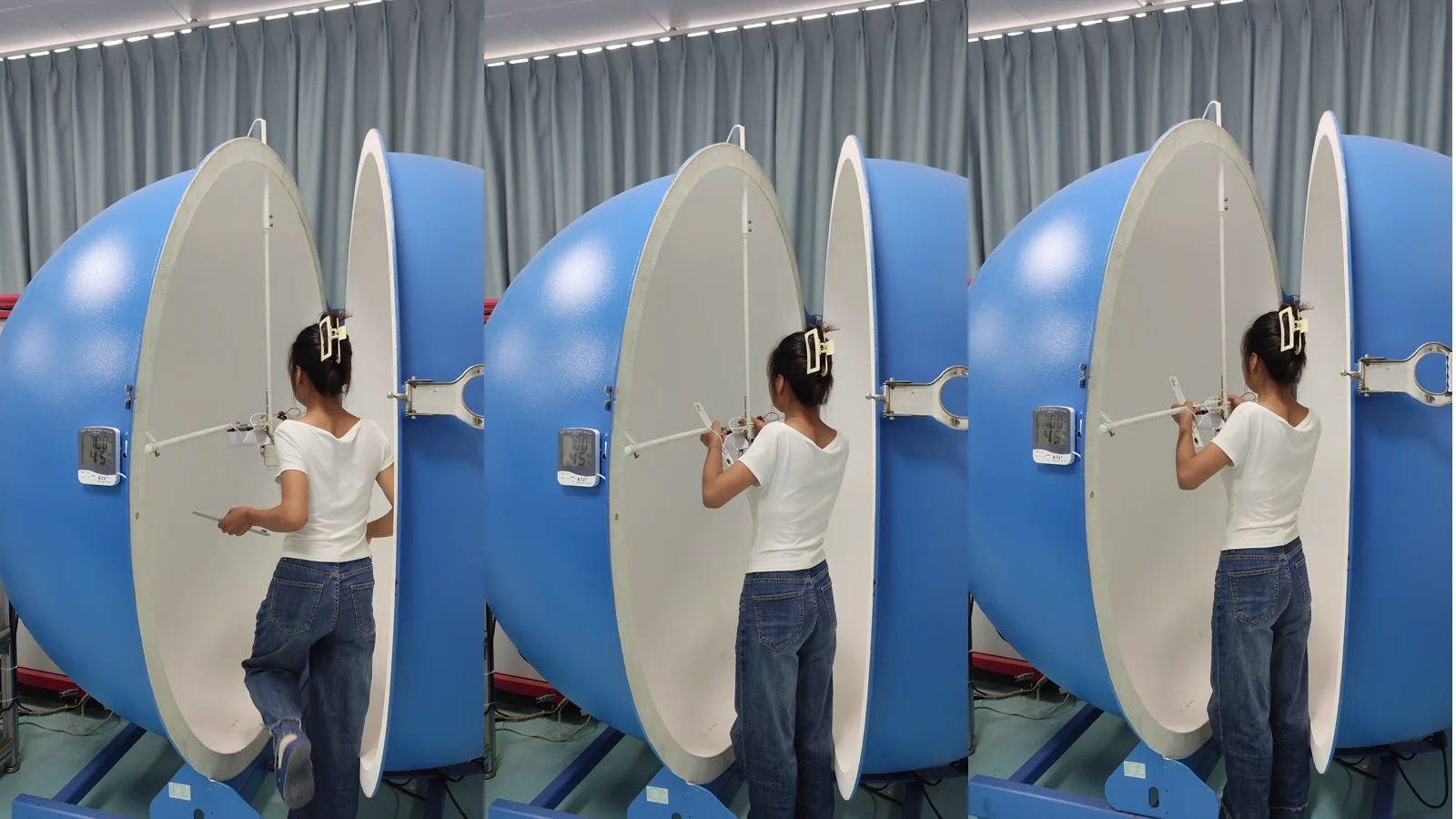 Three real frames showing a portable light being positioned at an integrating sphere